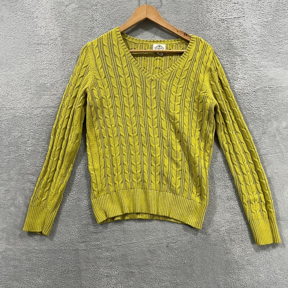 St John's Bay Sweater Women Medium Yellow Cable Knit Long Sleeve V-Neck Pullover